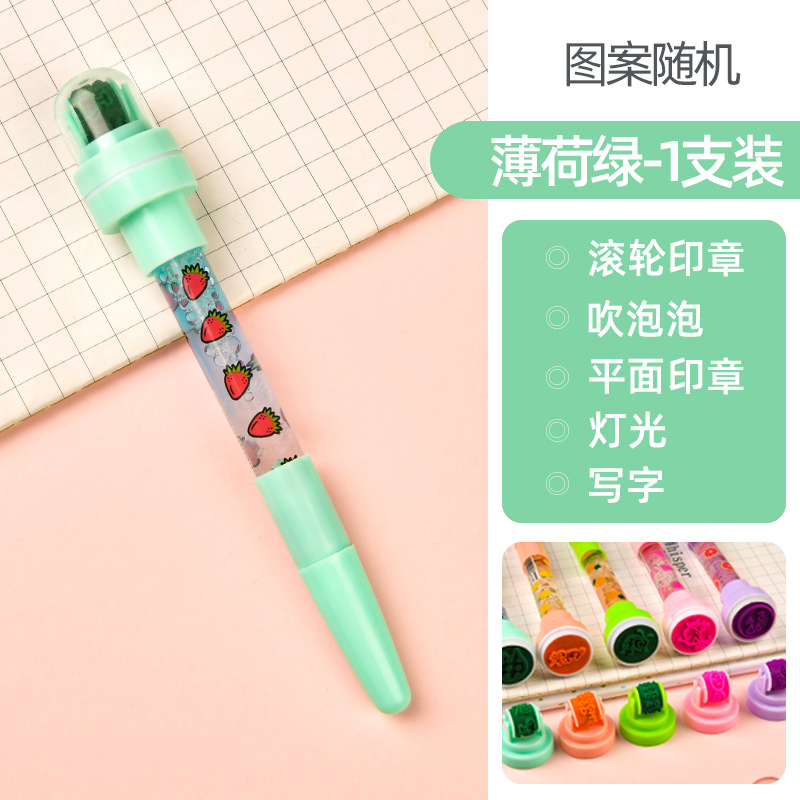 Pluma de burbuja de celebridades en línea multifunción TikTok mismo estilo 5 en 1 sello de rodillo de luz bolígrafo creativo de soplado mágico para niños