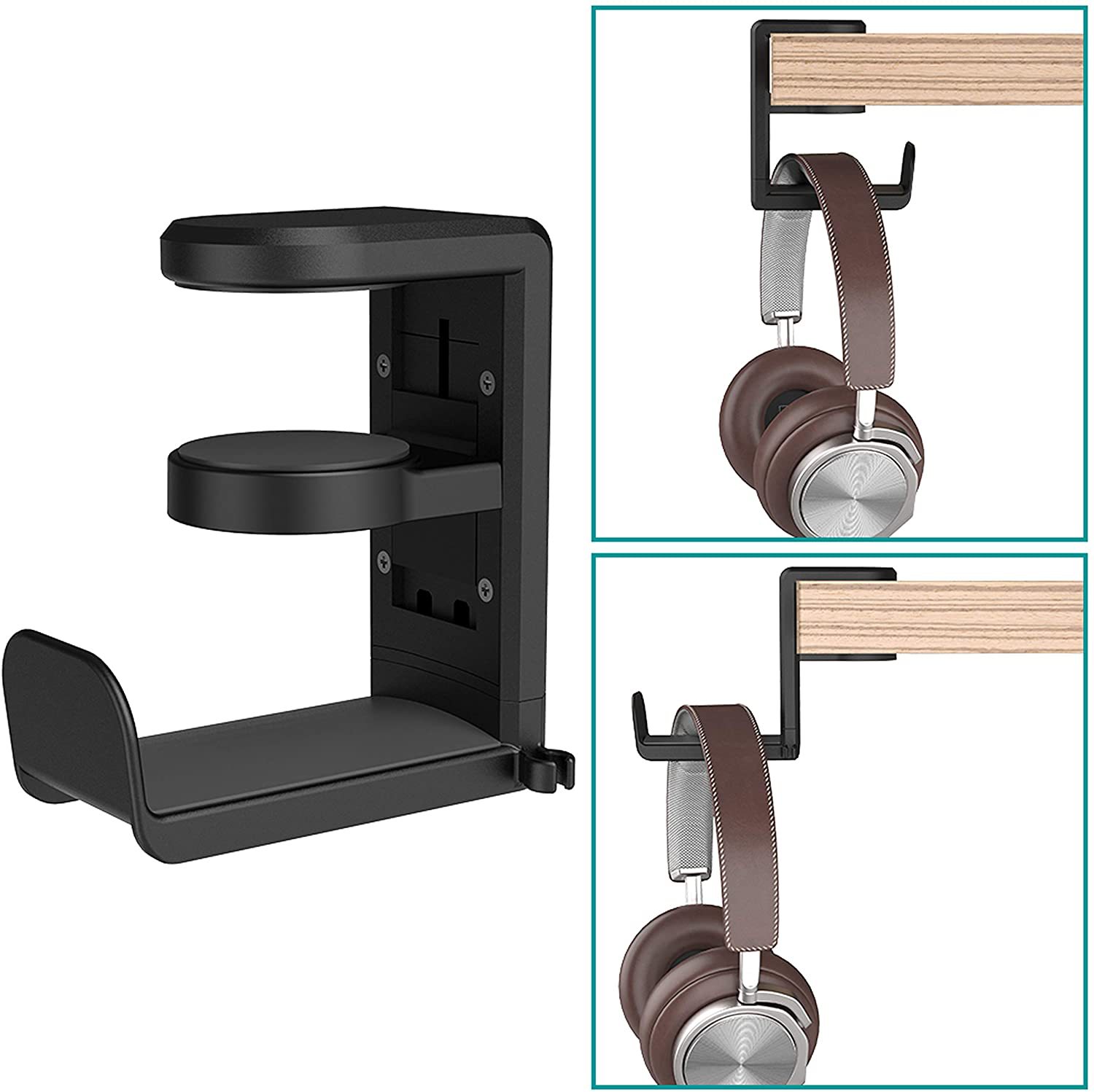 Molde privado sin perforar mesa tipo clip gancho auricular montado en la cabeza soporte para auriculares giratorio de 360 grados soporte para almacenamiento de artículos diversos