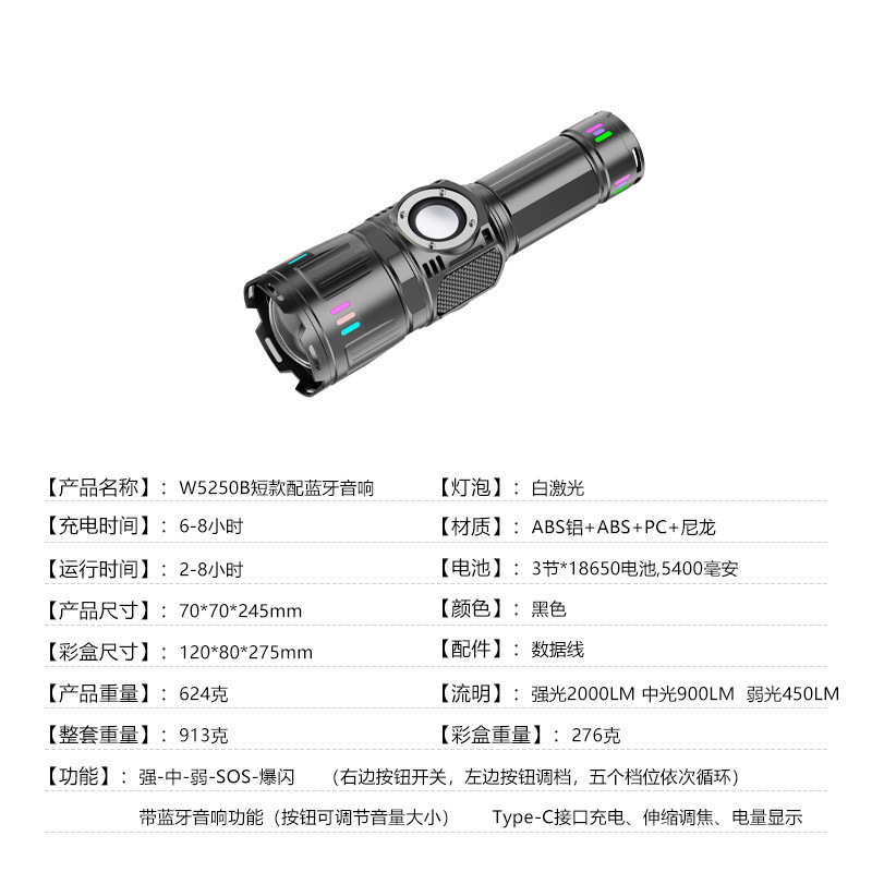 手电筒大功率强光充电长续航手电跨境新款伸缩变焦高流明蓝牙音箱|undefined