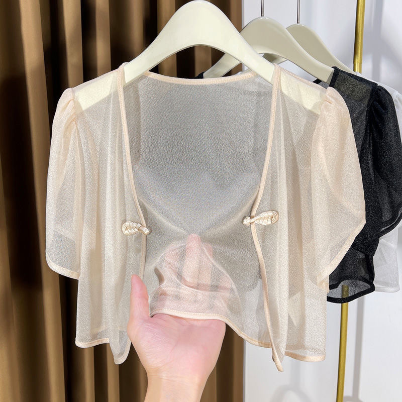 新しい中国風の女性用半袖カーディガン、夏のサスペンダー、日焼け止めショール、女性用の光沢のあるバックルの薄いブラウス、卸売|undefined
