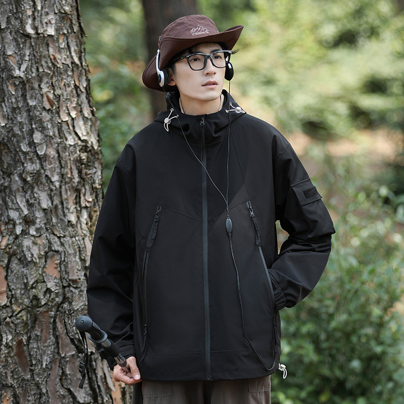 Men's autumn new American workwear couples, loose windproof and waterproof solid color hooded jacket for men_voghion.com