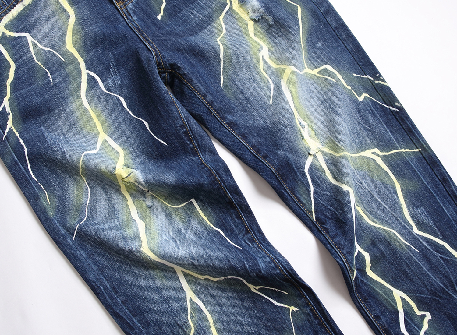 Men's Personalized Lightning Ripped Jeans With American Print_voghion.com