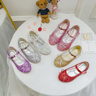 Bowknot Princess Children's Shoes 2025 Velcro Sequin Flat Shoes for Older Girls Dance Leather Shoes Little Princess