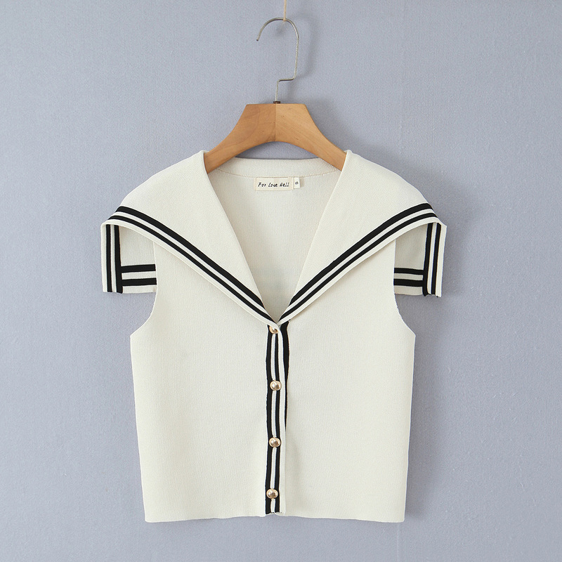 7536-25 American Retro Contrasting Navy Collar Knitted Vest Age-Reducing Short Knitted Vest for Women