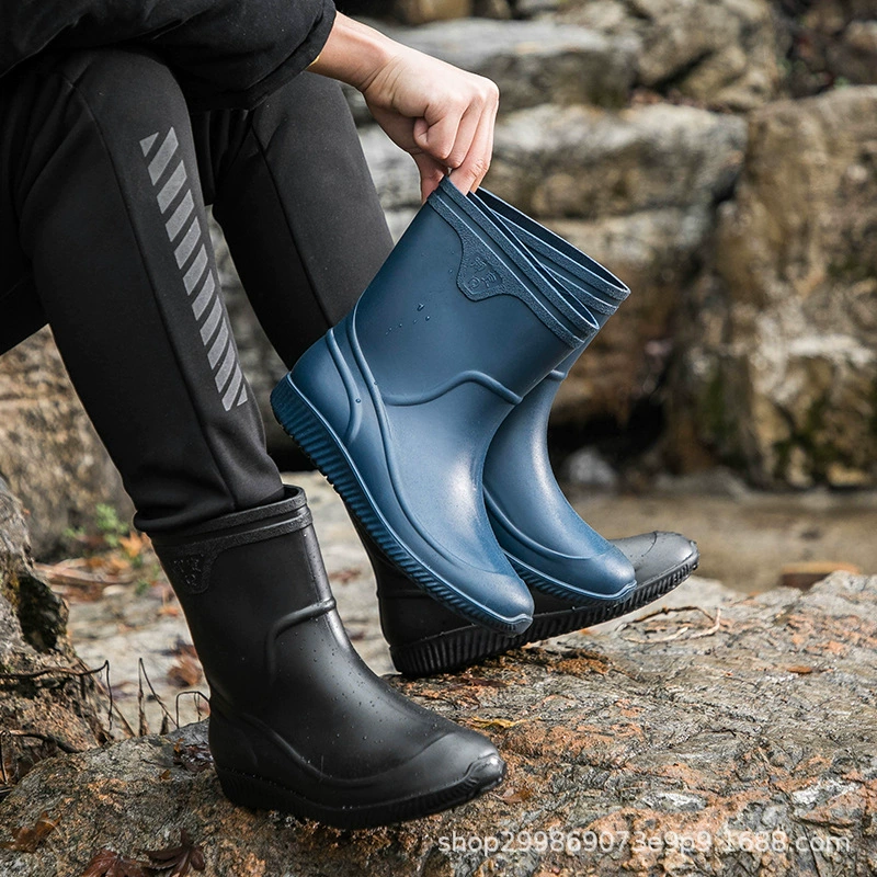 Трансграничные нескользящие дождевики мужские средние дождевые сапоги утолщенные пластиковые водяные туфли Рыбалка кухонная работа автомойка полевые водяные сапоги