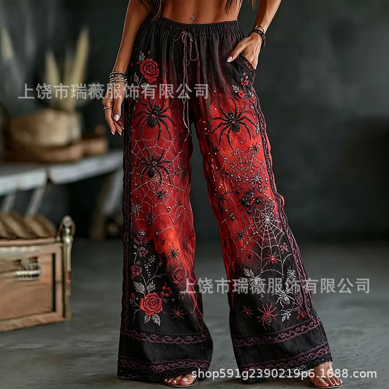 Watercolor Floral Print High-Waisted Drawstring Wide-Leg Pants for Women Bohemian Style Beach Vacation Flowy Casual Trousers Watercolor Floral Print High-Waisted Drawstring Wide-Leg Pants for Women Bohemian Style Beach Vacation Flowy Casual Trousers