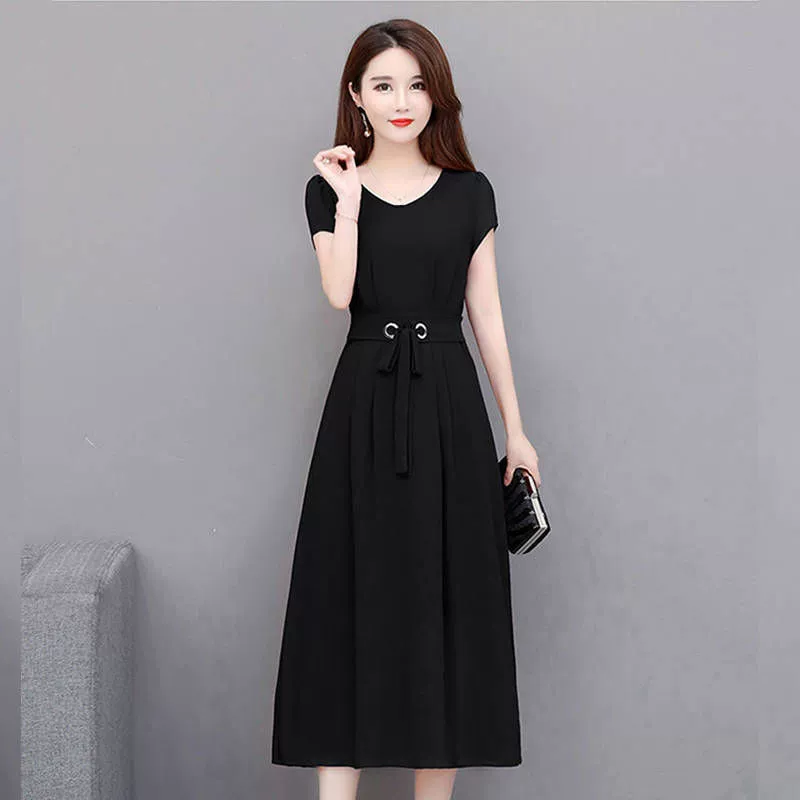 Платье длинное A‑образное миди, plus size, короткий рукав с приталенным поясом