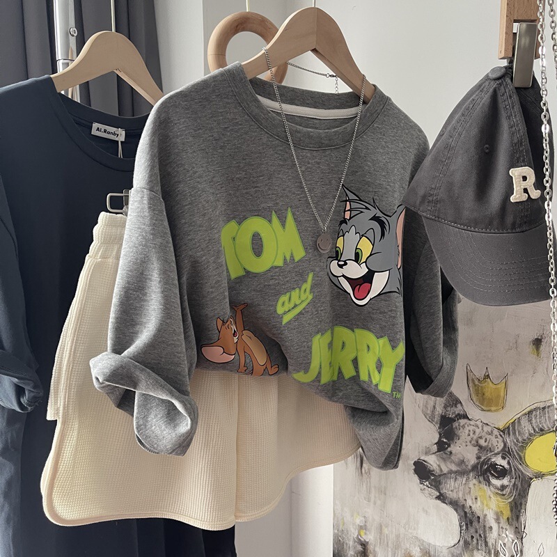 Pure Cotton Japanese-Style Cartoon Print Light Gray Short-Sleeve T-Shirt for Women, Summer Korean Version, Loose Fit for Students