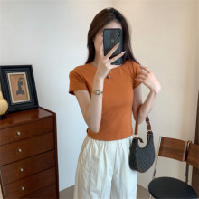 浅棕色纯棉圆领短袖女修身正肩夏季体恤内搭显瘦打底衫t恤女上衣