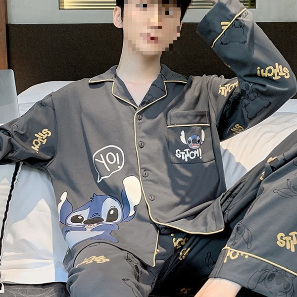 Spring and Autumn Pajamas for Men, Long-Sleeved, Plus Size, Loose-Fitting, Men's Cartoon Loungewear Set for Spring and Autumn