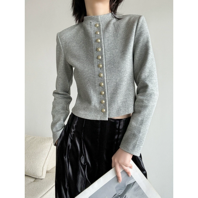 Элегантный короткий топ с длинными рукавами и металлической пряжкой во французском стиле, осенний свободный утягивающий вязаный кардиган, свитер, куртка