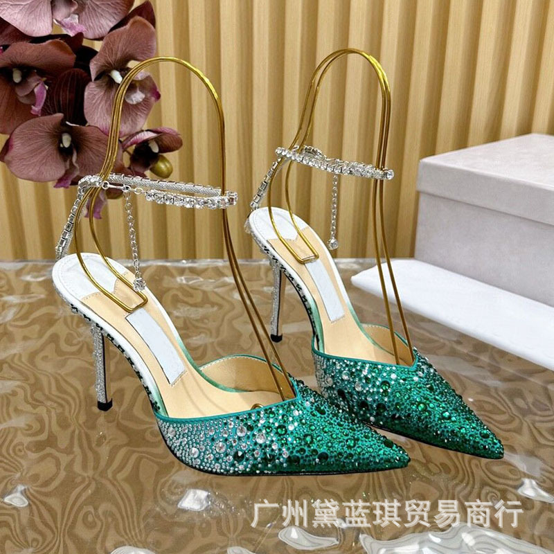 Dazzling Starry Sky Silk Hot Diamond Pointed Toe Bag Toe Rhinestone Chain Sexy High Heel Sandals Modern Shoes Catwalk