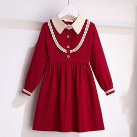 女童连衣裙春装儿童网红洋气时髦新年裙子中大童红色礼服裙公主裙