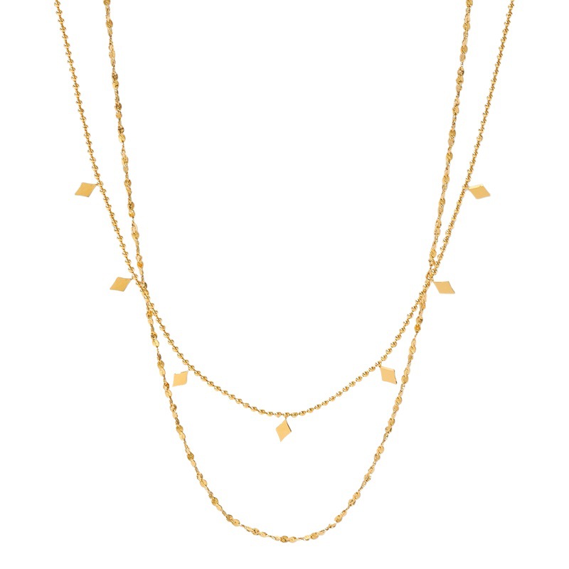 INS estilo clásico simple collar joyería 18K chapado en oro de doble capa de acero inoxidable borla lentejuelas collar de cadena de cuentas para mujeres