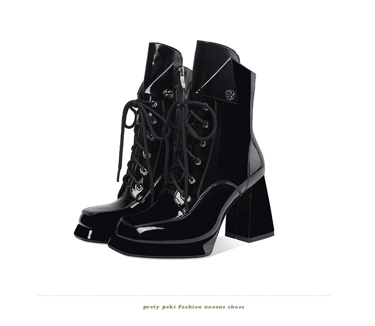 Boot nữ cổ thấp dây buộc khóa kéo gót vuông 9 cm da bóng — Lót nhung đen chi tiết 15