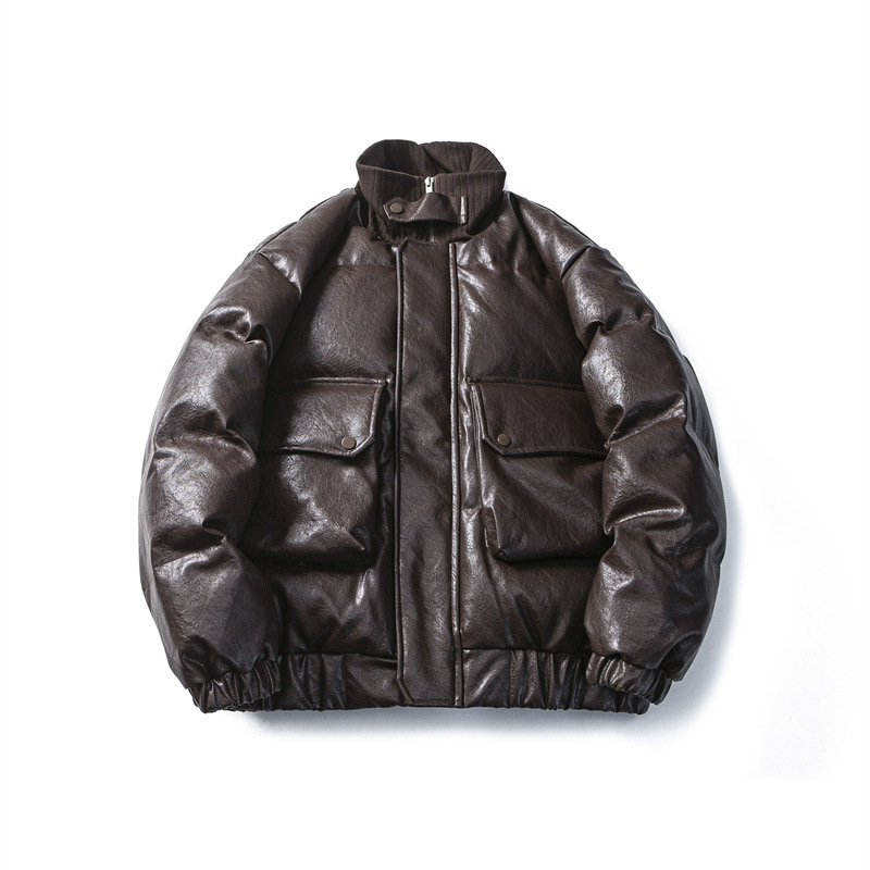90 White Duck Down Winter American Style Retro Large Pocket Loose Thickened Warm PU Leather Workwear Down Jacket for Men and Women