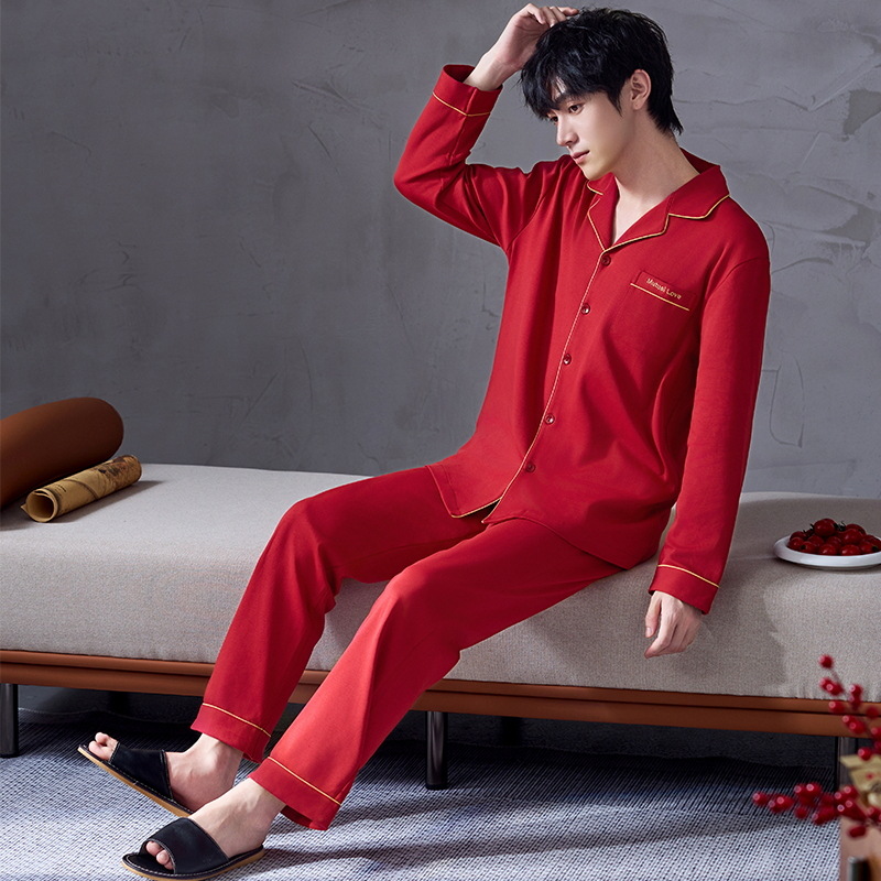 Pijama de hombre primavera y otoño de algodón rojo pantalones de manga larga para niños 2024 nuevo estilo de ropa de hogar de verano