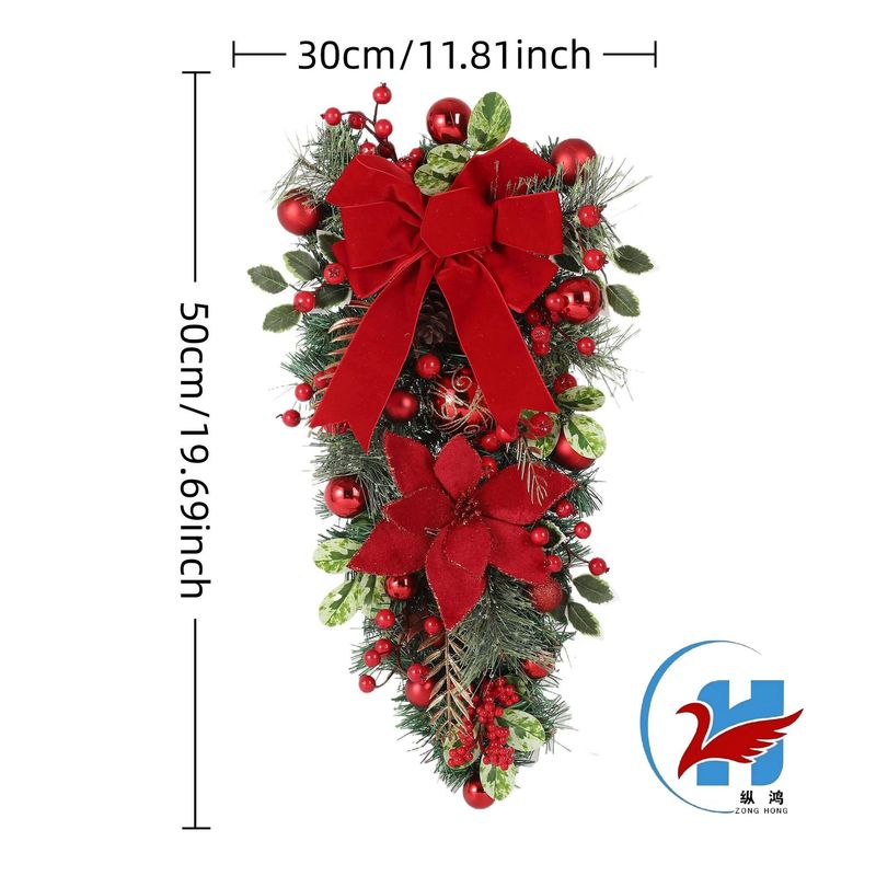 クロスボーダークリスマスリース、ベルベットの赤い花、クリスマス風デコレーションセット、ホリデーリース、逆さ飾り、ホームデコレーション|undefined