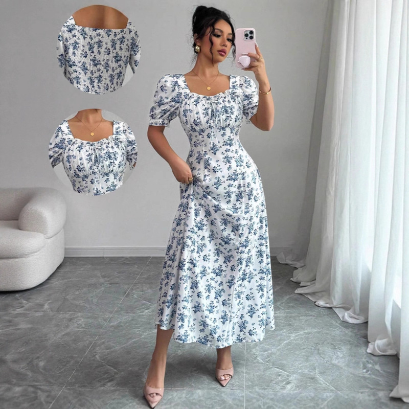 Cross-Border Foreign Trade 2025 Summer European and American New Amazon Elegant Short-Sleeved Ruffle Dress for Women in Stock