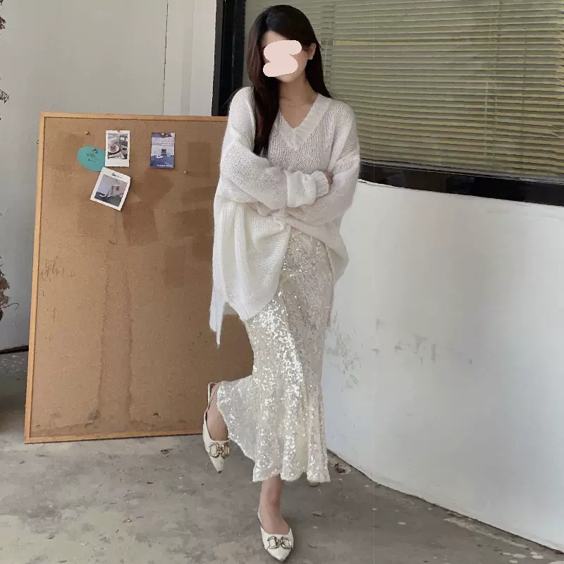 现货Aconi人鱼之泪 包臀半身裙显瘦设计感亮片一字半身裙女旅游拍