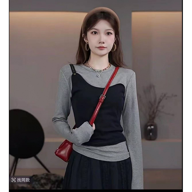 撞色假两件设计感正肩长袖女式针织2025新款秋季ootd穿搭洋气上衣|undefined