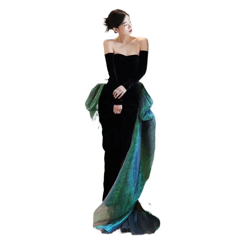 Vestido de noche negro para las mujeres 2024 nuevo banquete elegante tubo superior anfitrión elegante cola de pez largo vestido de adelgazamiento