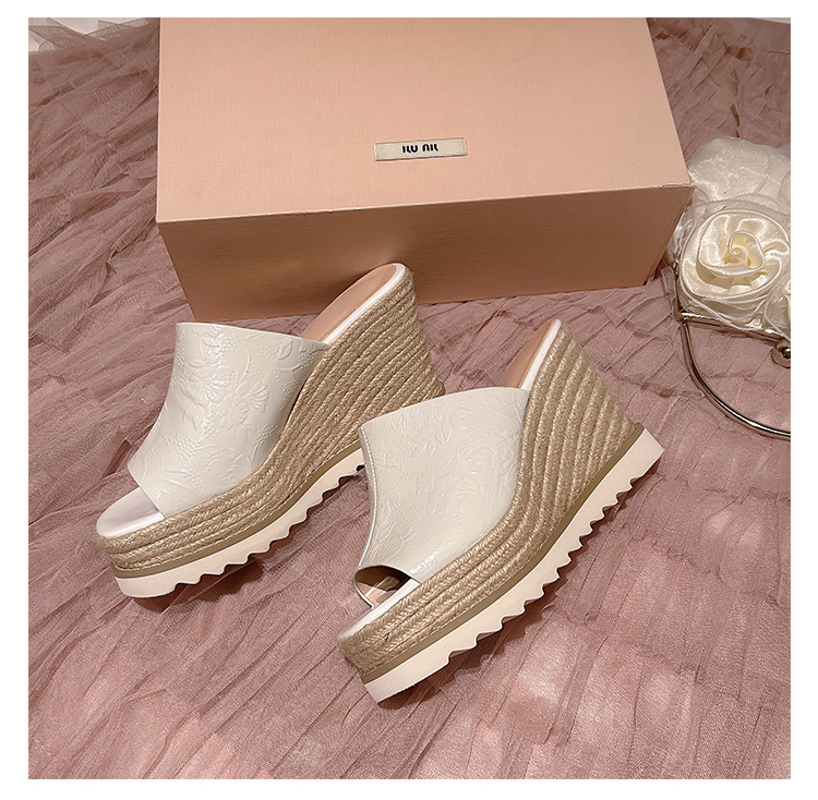 Sandal cao gót nữ mũi hở đế xuồng đan rơm phong cách La Mã — màu be, bạc chi tiết 12