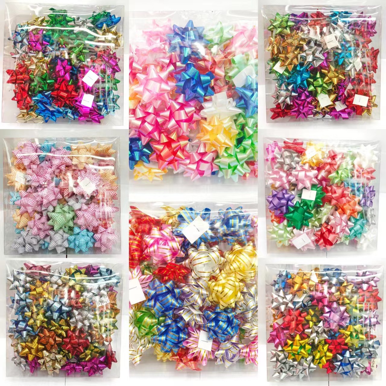 镭射幻彩彩虹料婚庆生日礼品包装 跨境节庆2寸星星花塑料礼品花