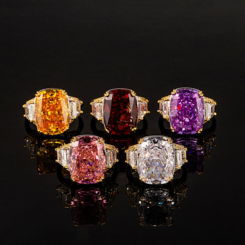 Seiko Super Large Flash Fat Square Pink Ring Luxury High Carbon Diamond Purple Ice Flower Cut Ring with Gold Plating