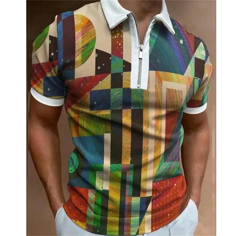2024 venta caliente personalidad moda impresión 3D hombres verano calle suelta solapa manga corta cremallera camisa POLO