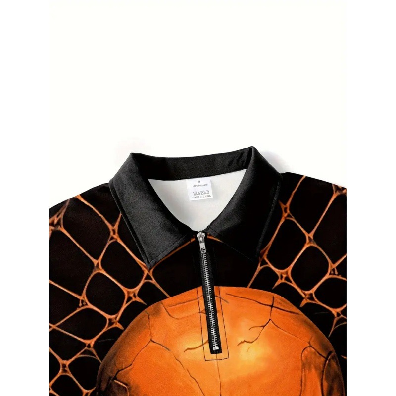 Thriller Skeleton 3D Impresión digital Hombres Calle principal Personalidad Manga larga Cremallera suelta Camisa POLO Europa y América Transfronteriza