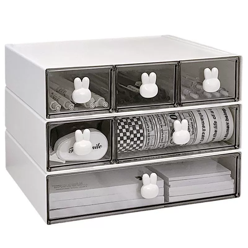 Transparent Drawer Storage Box Organizer, Stackable Desktop Rack with Rabbit Handles, Compact