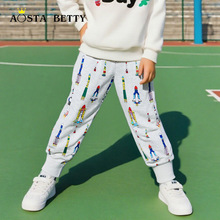 工厂直销欧美风格儿童运动裤卡通印花男童束脚裤针织棉中小童长裤