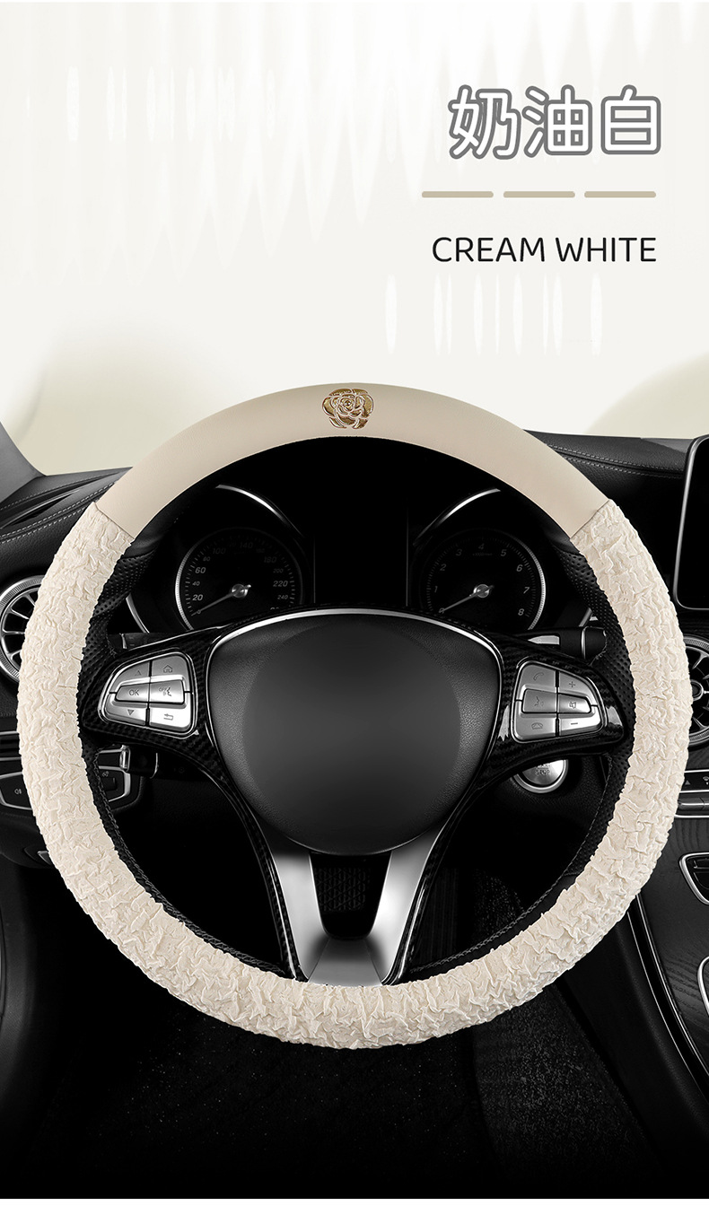 New All-Season Camellia Car Steering Wheel Cover, Delicate, Breathable and Wear-Resistant Pebbled Leather Soft Handle Cover