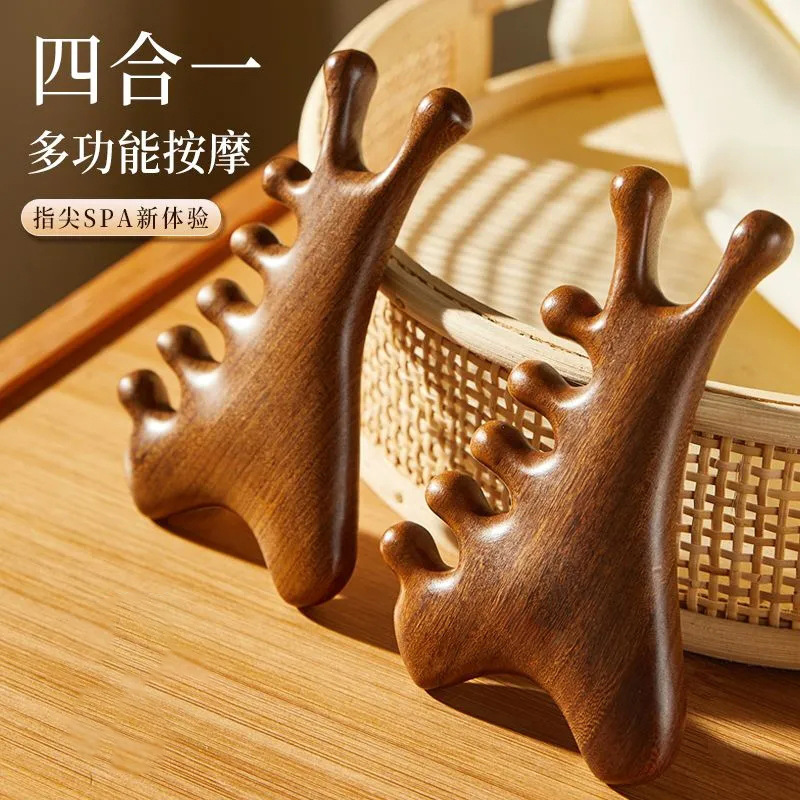 Four-In-One Black Gold Massage Multifunctional Scalp, Face, and Eye Gua Sha Meridian Dredging Massage Stick Sandalwood Health Care