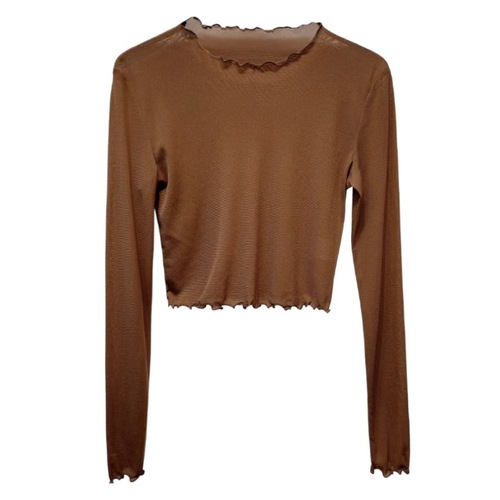 Mesh base shirt women's autumn long-sleeved Western-style thin transparent gauze inner layer short lace top with ruffled edges