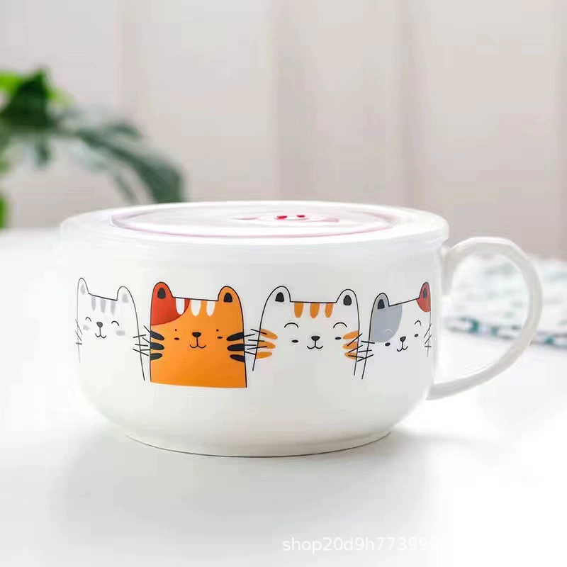 Microwave ceramic noodle bowl with lid and handle, 5.25″ and 6″, cute printed designs