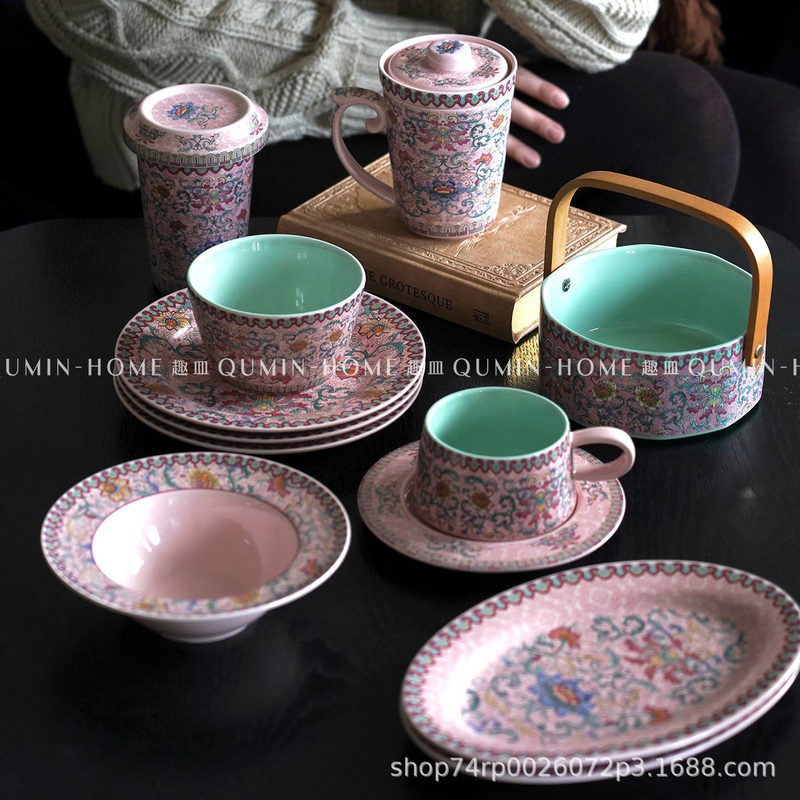 Retro Chinese-Style Ceramic Tableware Set, Light Luxury Household Bowls, Plates, Baskets, Mugs, and Cups Retro Chinese-Style Ceramic Tableware Set, Light Luxury Household Bowls, Plates, Baskets, Mugs, and Cups