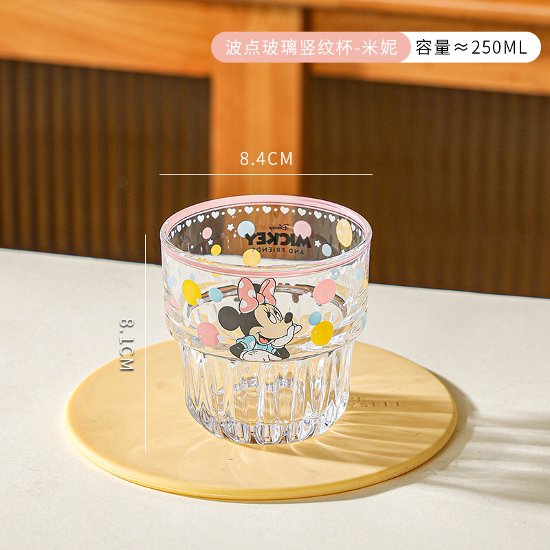 Nueva taza de vidrio de patrón vertical de Disney, taza de agua de dibujos animados de lunares, taza de agua para el hogar de alto valor femenino, taza de agua para la oficina