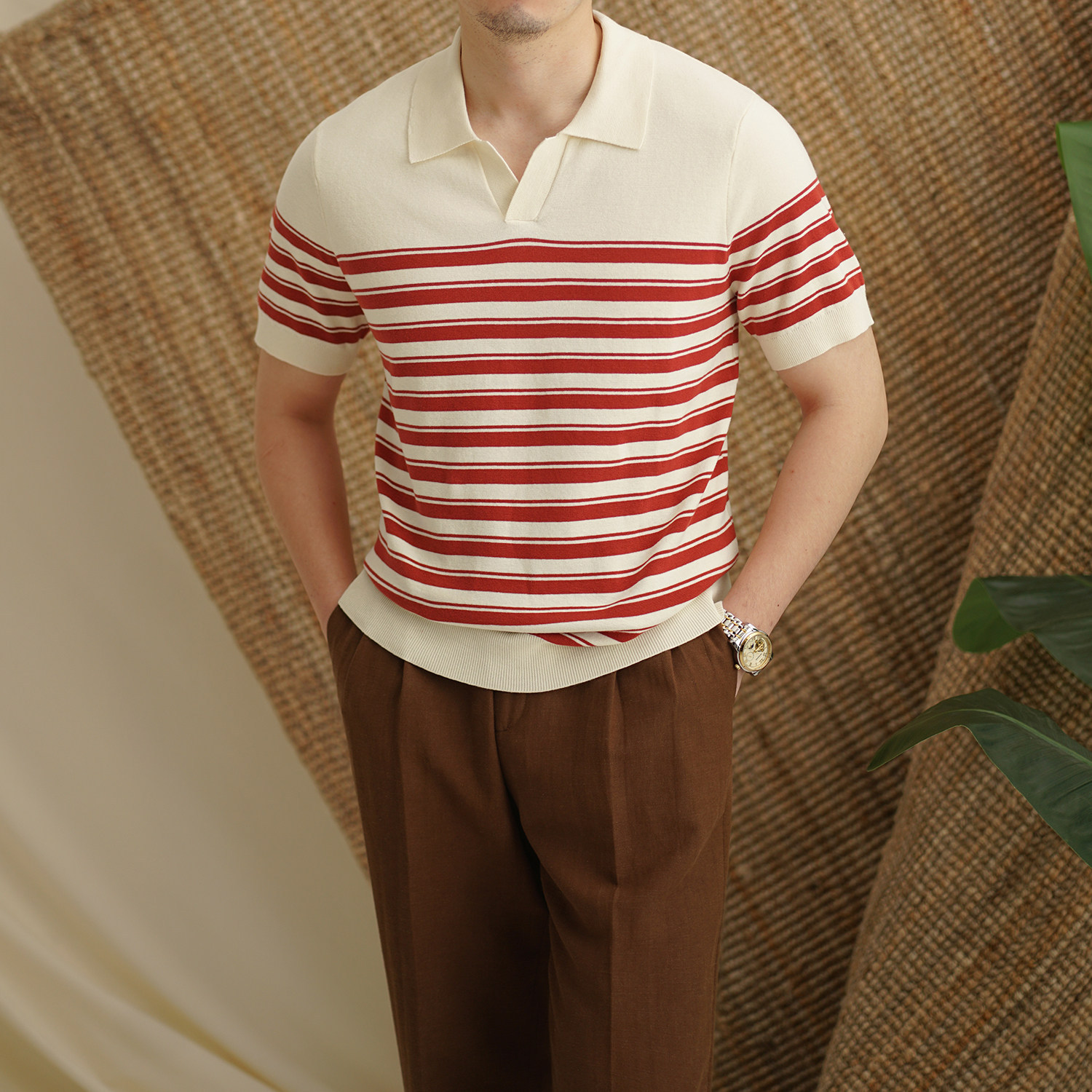 Polo camiseta de punto camiseta de manga corta hombre V-collar gaviota rayas viejas camiseta de hielo de viento de verano fábrica transfronteriza al por mayor