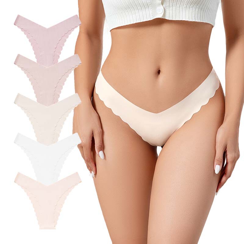 Wave Lace Seamless Ice Silk Pure Cotton Crotch Low-Waist V-Shaped Underwear Plus Size Women's Comfortable Breathable Sexy Brazilian Pants