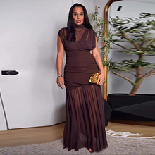 2025年秋新款欧美亚马逊跨境外贸女装雪纺褶皱收腰棕色无袖连衣裙