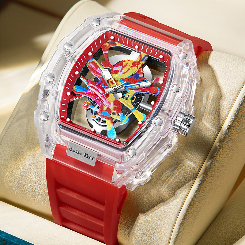 Live broadcast cross-border hot transparent hollow wine barrel watch men's fashion silicone watch quartz watch waterproof watch