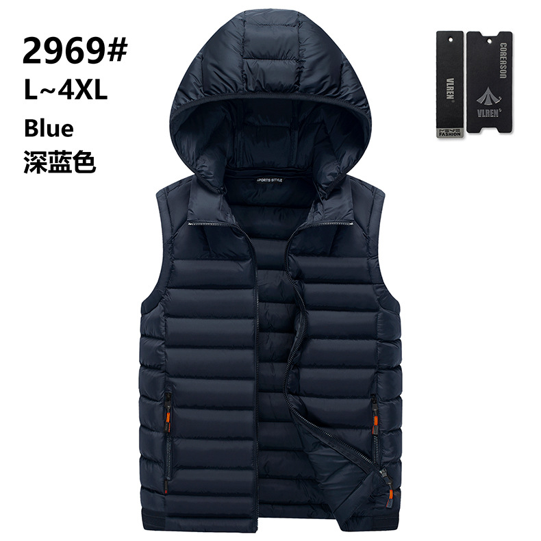 Otoño e Invierno de color sólido costilla de algodón acolchado abrigo de los hombres chaleco delgado con capucha casual cuello desmontable en stock bolsillo de costura lateral