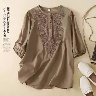 短袖2026年夏季新款文艺复古宽松设计感刺绣圆领薄款棉麻女士上衣