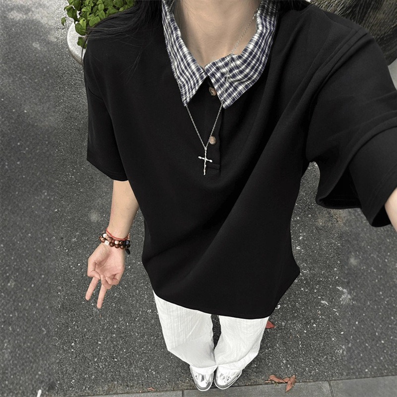 American-Style Fake Two-Piece Regular Shoulder Polo Shirt for Men, Summer Design, Plaid Shirt Collar, Spliced Short-Sleeve T-Shirt