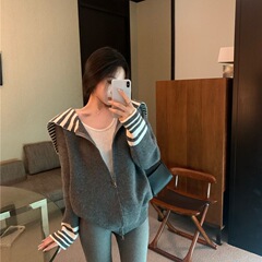 撞色条纹海军领长袖毛衣外套女早秋复古慵懒针织开衫宽松拉链上衣