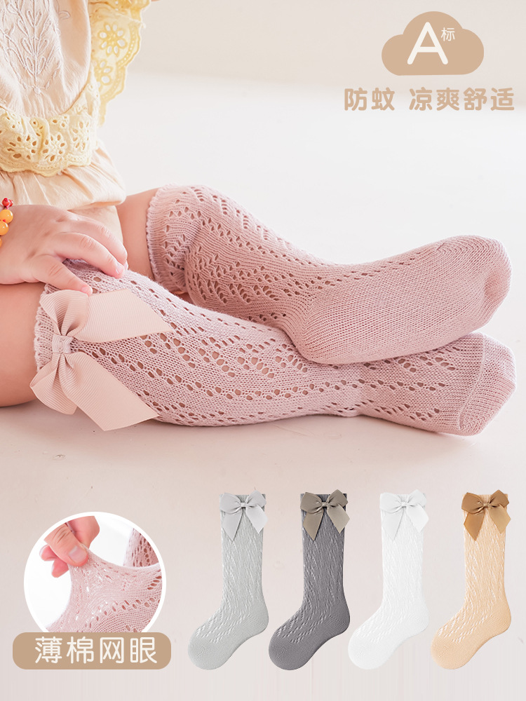 Calcetines de Media Pantorrilla con Estampado de Transferencia y Lazo para Primavera/Verano 2026, Calcetines Transpirables de Malla para Bebés, Calcetines Infantiles Españoles