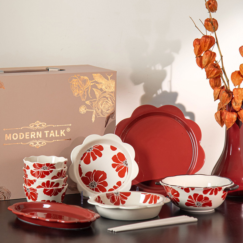 Vintage-Style Tableware Rice Bowl Ceramic Retro Floral Plate Simple Design Tableware Set