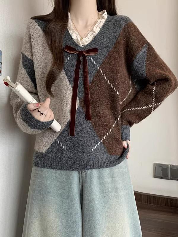酒红色菱格毛衣女2025新款蕾丝V领针织衫慵懒风复古秋冬上衣潮|undefined